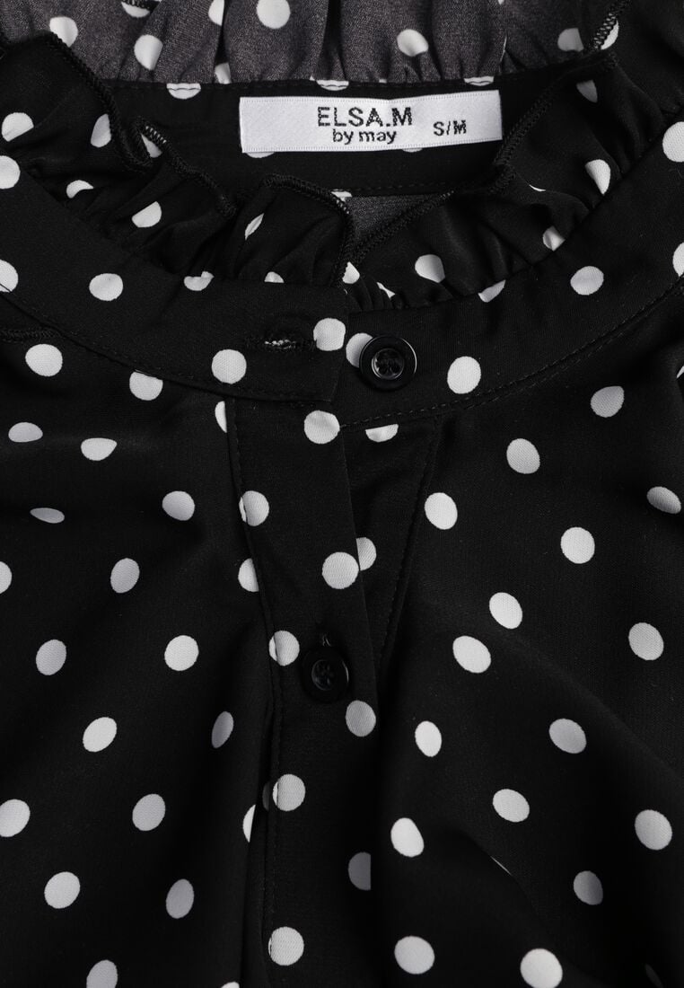 Czarna Wiskozowa Koszula w Kropki ze Stójką z Ozdobnymi Falbanami Isamene 8