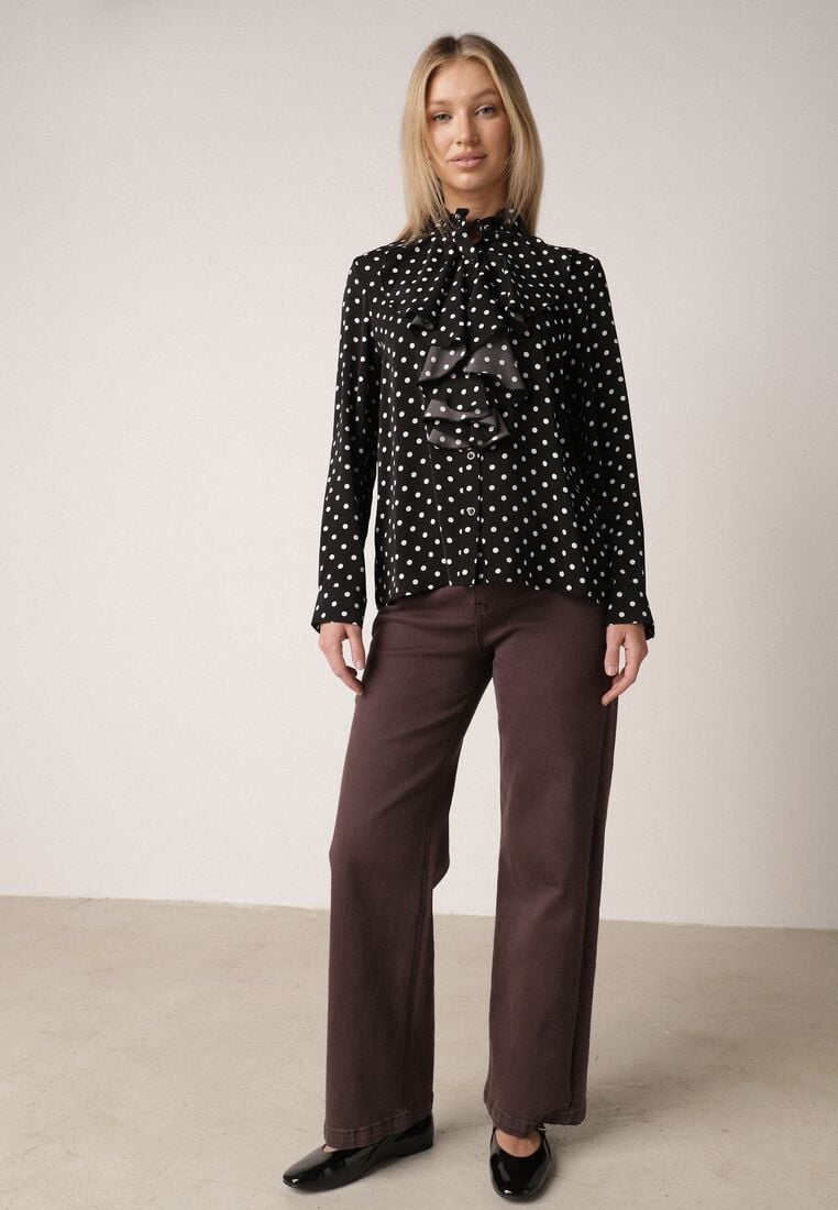 Czarna Wiskozowa Koszula w Kropki ze Stójką z Ozdobnymi Falbanami Isamene 2