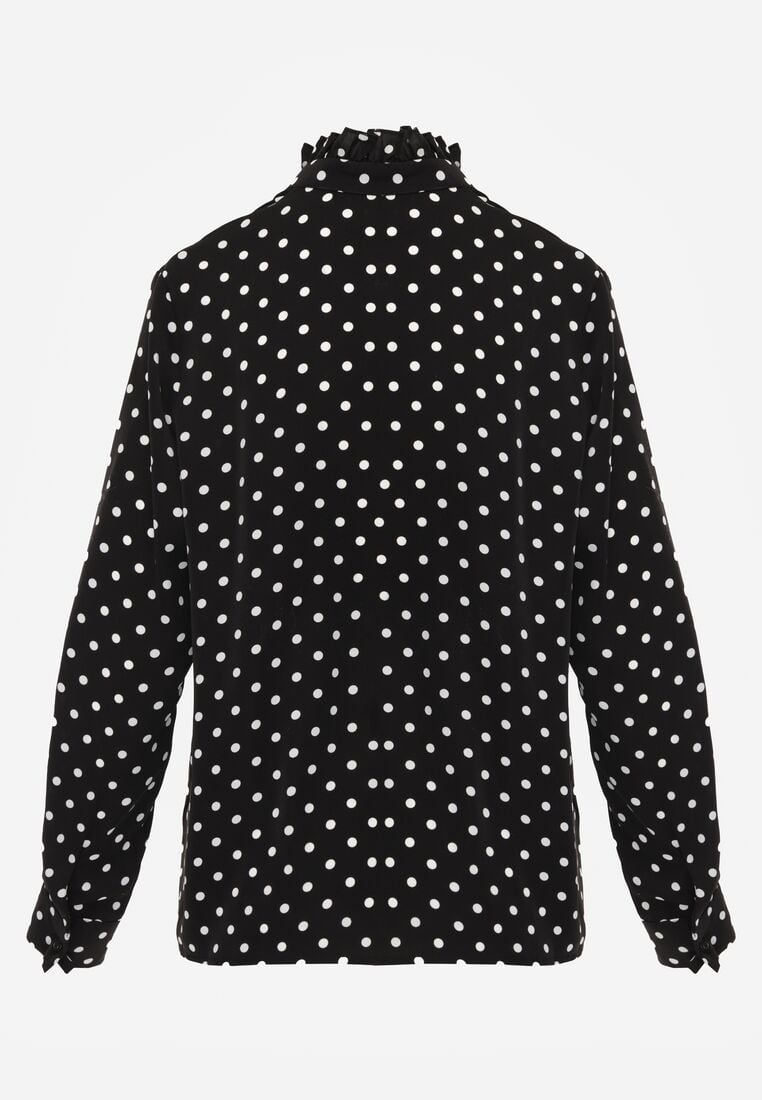 Czarna Wiskozowa Koszula w Kropki ze Stójką z Ozdobnymi Falbanami Isamene 7