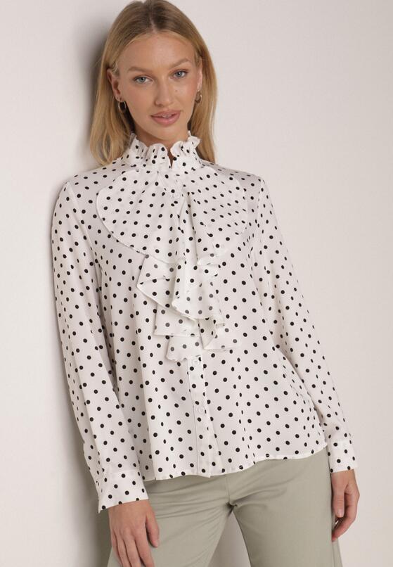 Biała Wiskozowa Koszula w Kropki ze Stójką z Ozdobnymi Falbanami Isamene 4