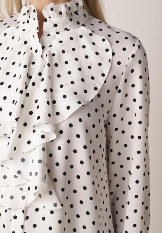 Biała Wiskozowa Koszula w Kropki ze Stójką z Ozdobnymi Falbanami Isamene 5