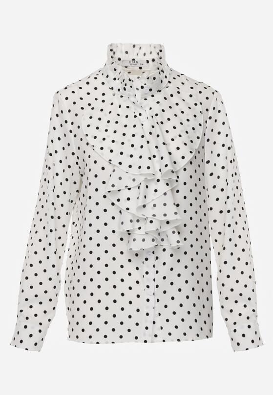Biała Wiskozowa Koszula w Kropki ze Stójką z Ozdobnymi Falbanami Isamene 6