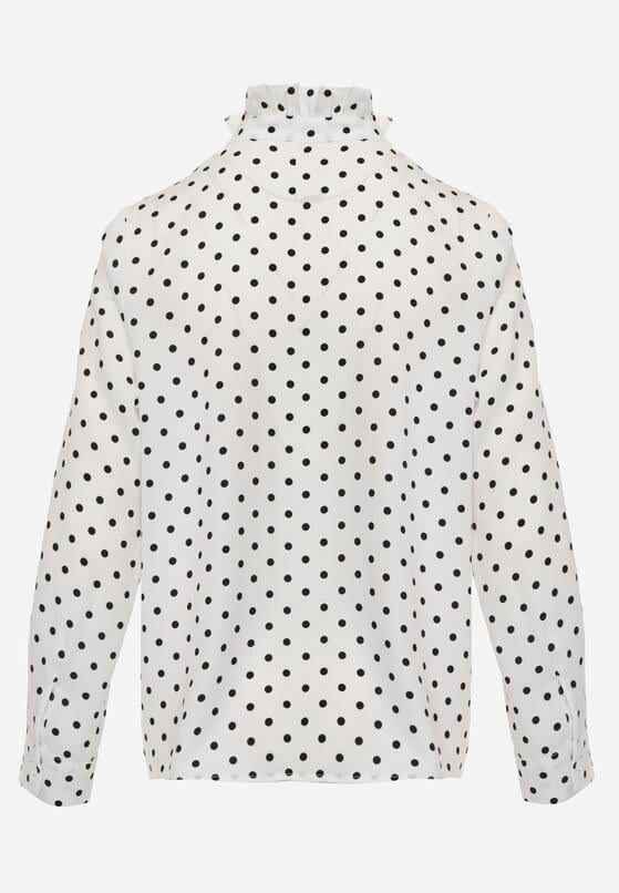 Biała Wiskozowa Koszula w Kropki ze Stójką z Ozdobnymi Falbanami Isamene 7