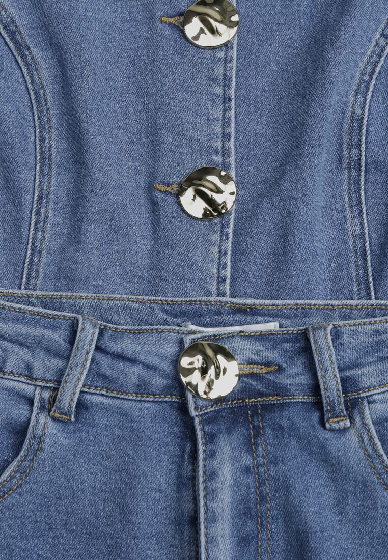 Niebieski Bawełniany Komplet Denimowy Szerokie Jeansy i Kamizelka na Guziki Kathixa 8