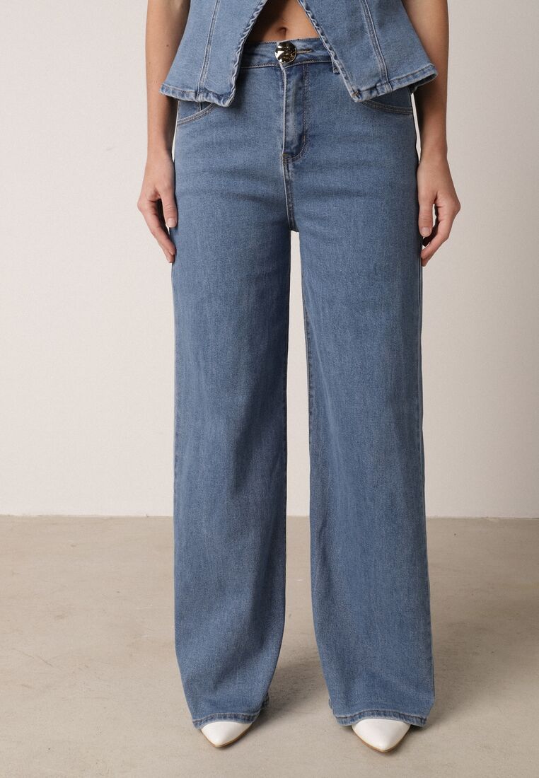 Niebieski Bawełniany Komplet Denimowy Szerokie Jeansy i Kamizelka na Guziki Kathixa 5