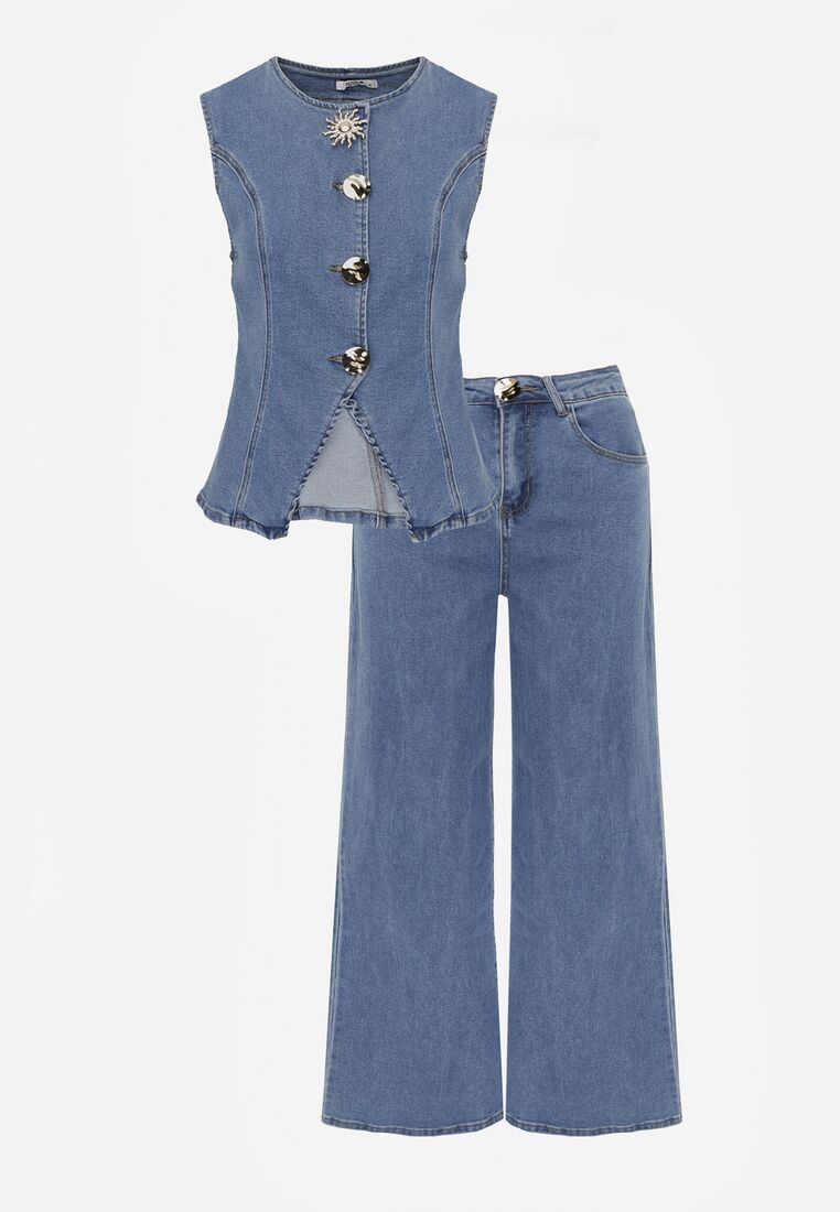 Niebieski Bawełniany Komplet Denimowy Szerokie Jeansy i Kamizelka na Guziki Kathixa 6