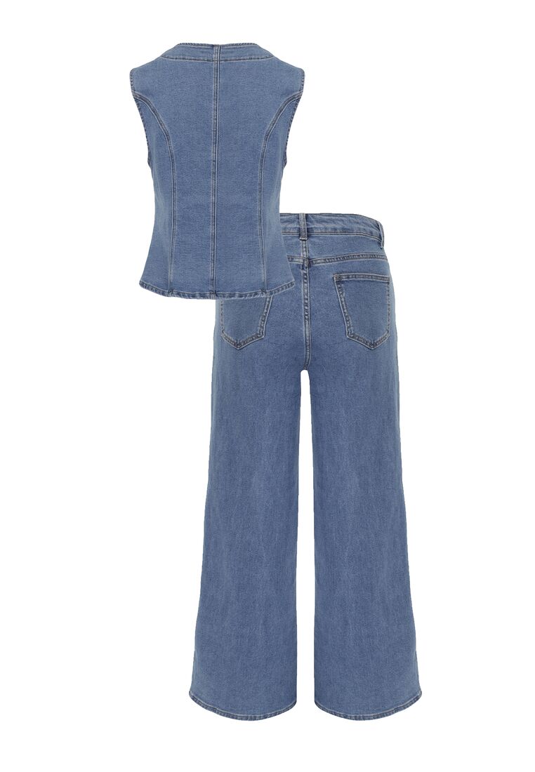 Niebieski Bawełniany Komplet Denimowy Szerokie Jeansy i Kamizelka na Guziki Kathixa 7
