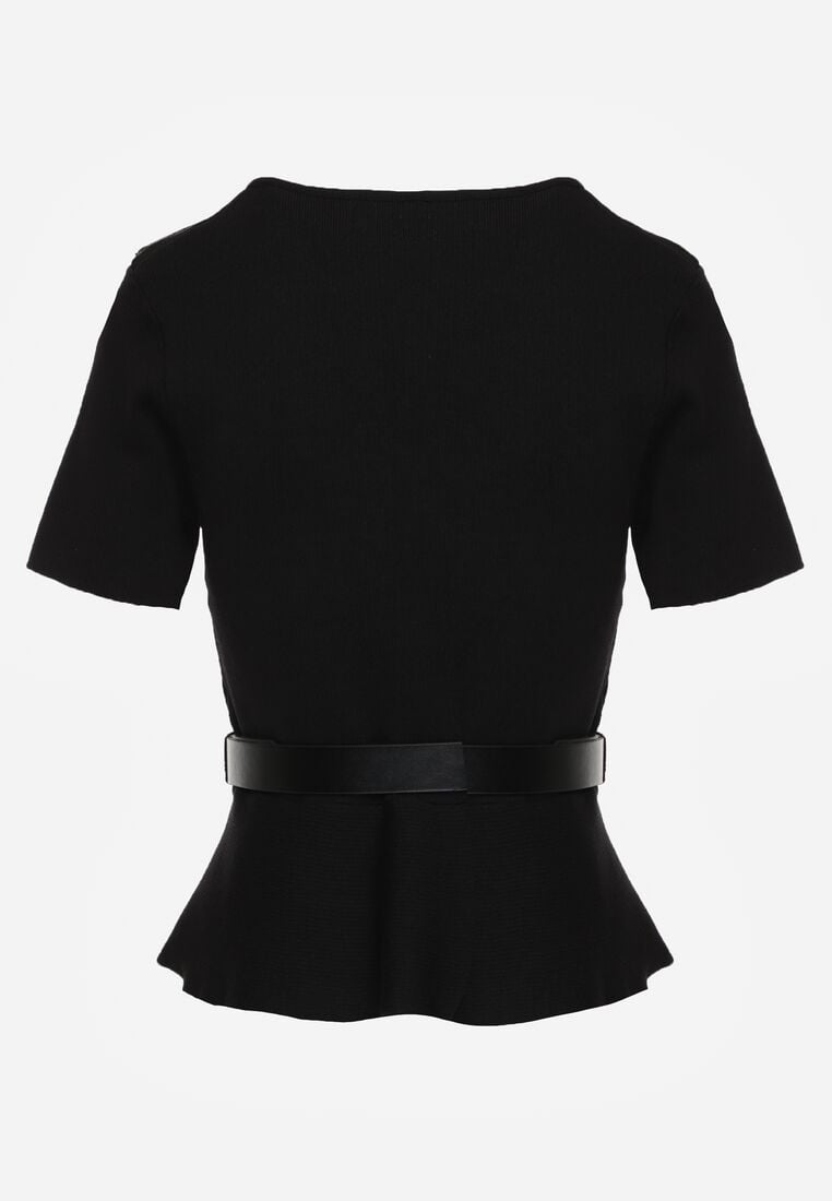 Czarna Bluzka Dzianinowa z Baskinką i Paskiem Lyvara 7