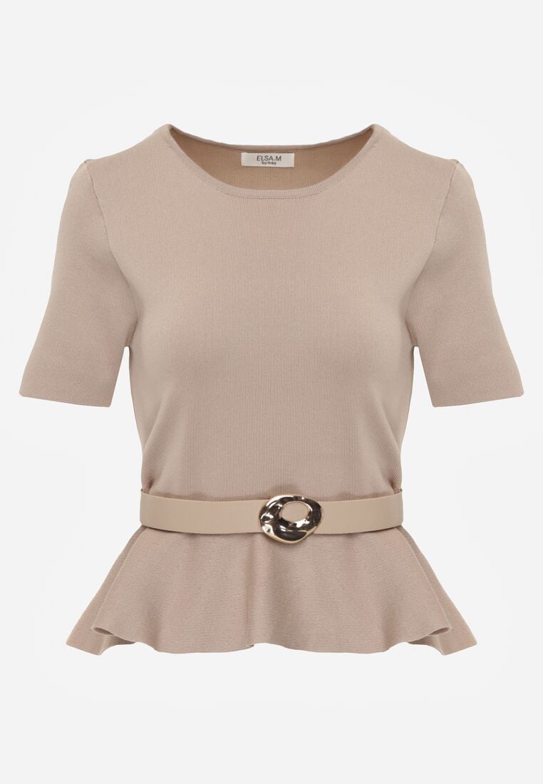 Beżowa Bluzka Dzianinowa z Baskinką i Paskiem Lyvara 6