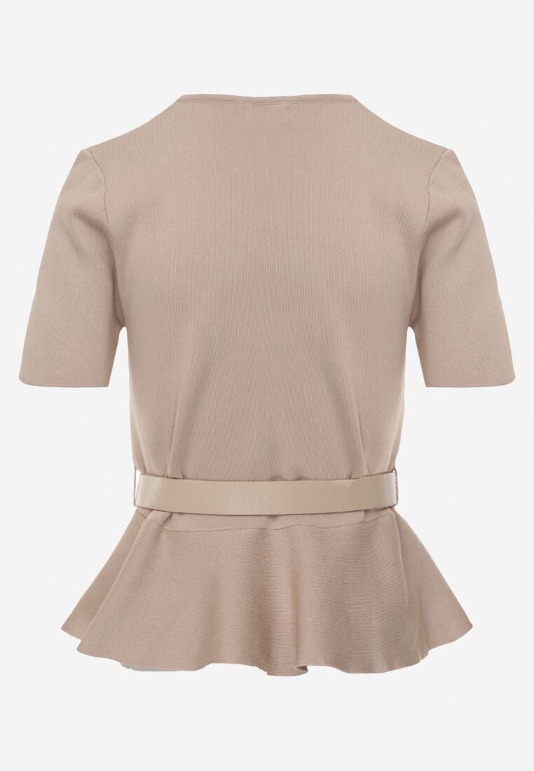 Beżowa Bluzka Dzianinowa z Baskinką i Paskiem Lyvara 7