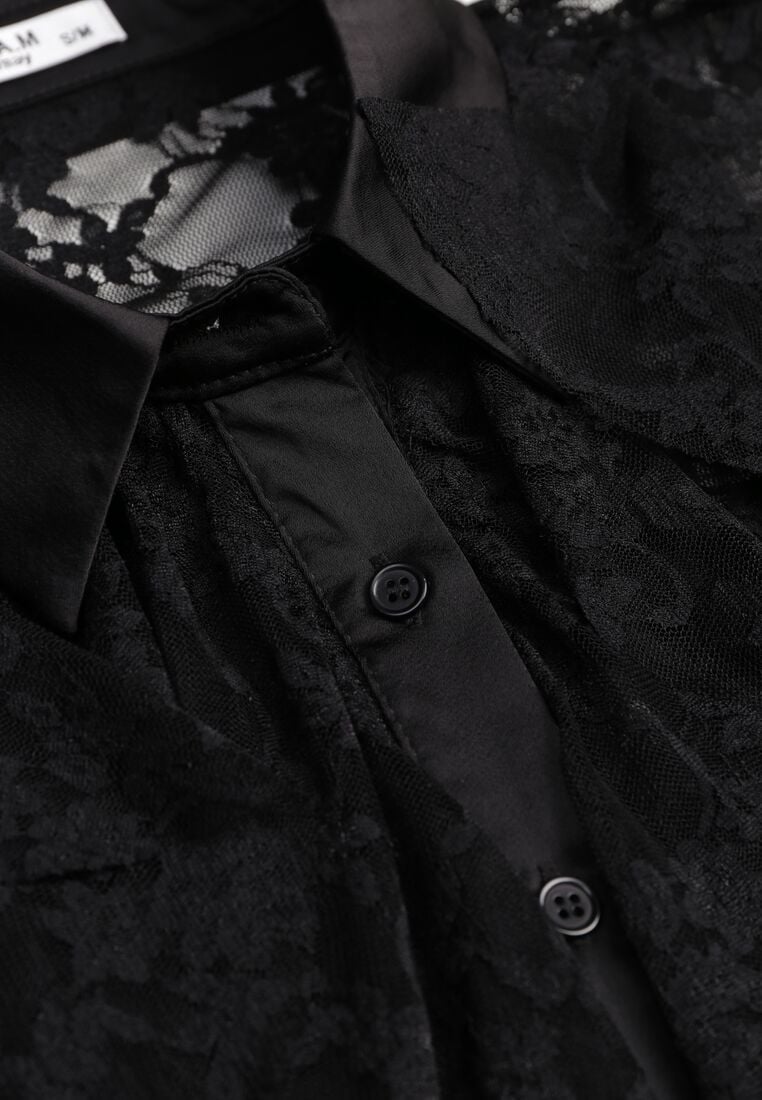 Czarna Koszula Koronkowa z Wiskozy z Bawełną Ozdobiona Falbanami Hermerine 8