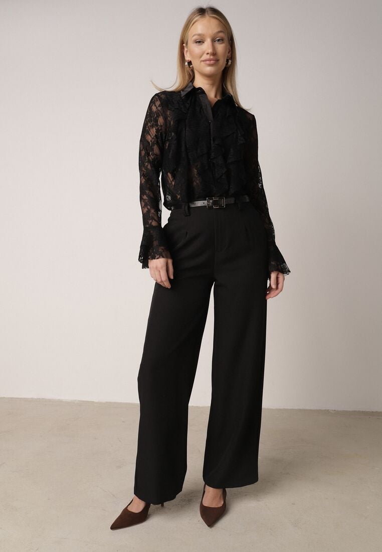 Czarna Koszula Koronkowa z Wiskozy z Bawełną Ozdobiona Falbanami Hermerine 2