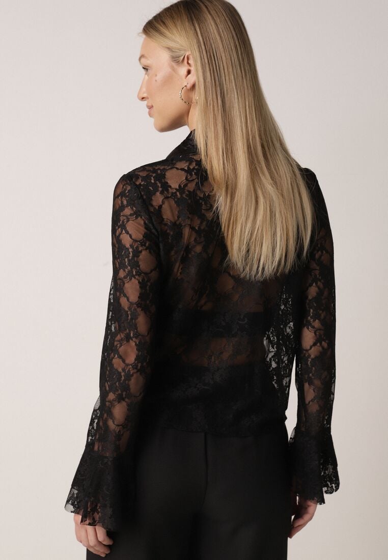 Czarna Koszula Koronkowa z Wiskozy z Bawełną Ozdobiona Falbanami Hermerine 3