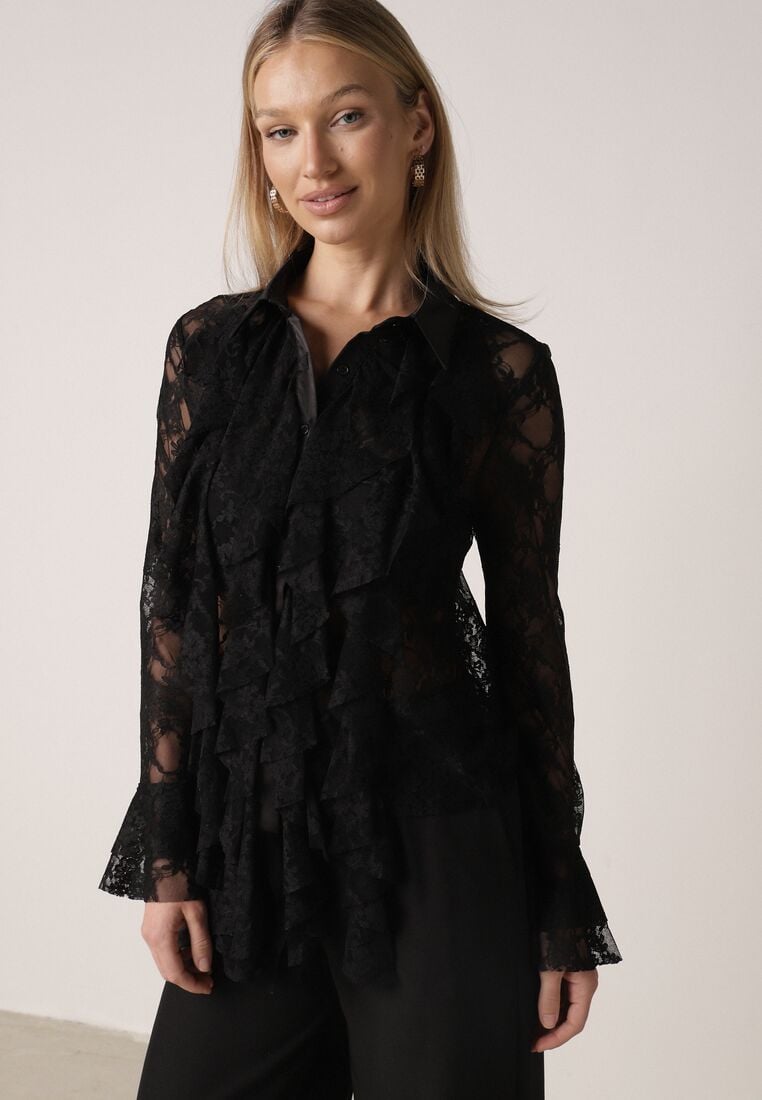 Czarna Koszula Koronkowa z Wiskozy z Bawełną Ozdobiona Falbanami Hermerine 4