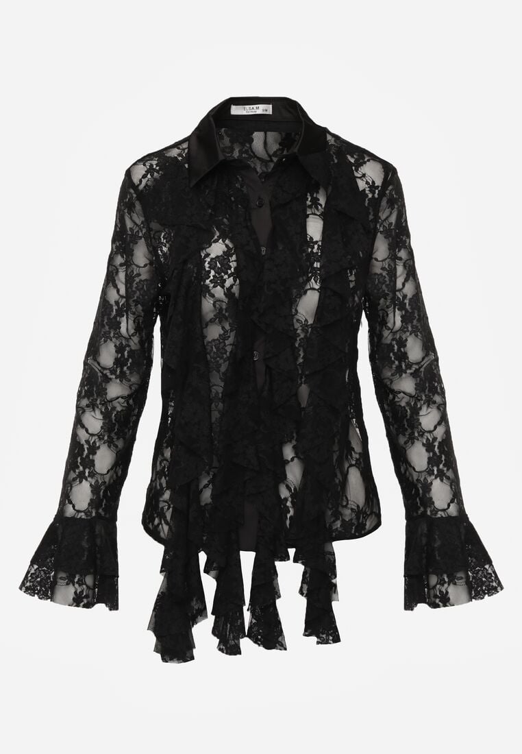 Czarna Koszula Koronkowa z Wiskozy z Bawełną Ozdobiona Falbanami Hermerine 6