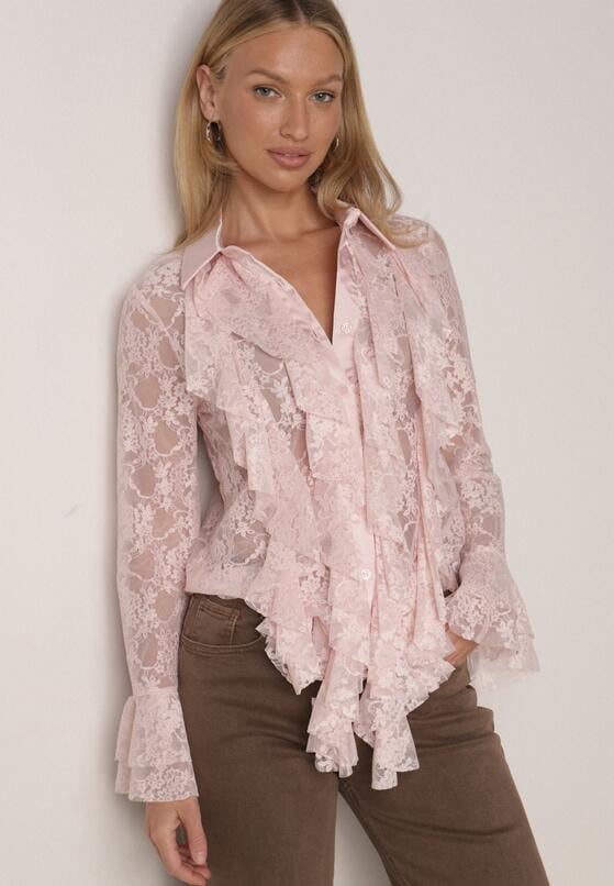 Różowa Koszula Koronkowa z Wiskozy z Bawełną Ozdobiona Falbanami Hermerine 1