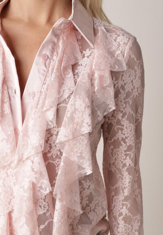 Różowa Koszula Koronkowa z Wiskozy z Bawełną Ozdobiona Falbanami Hermerine 4