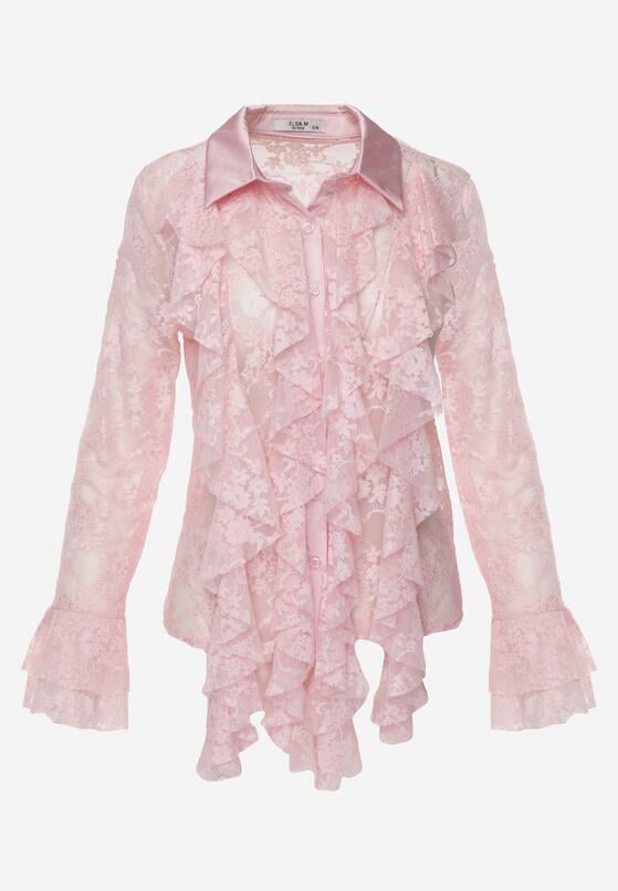 Różowa Koszula Koronkowa z Wiskozy z Bawełną Ozdobiona Falbanami Hermerine 6