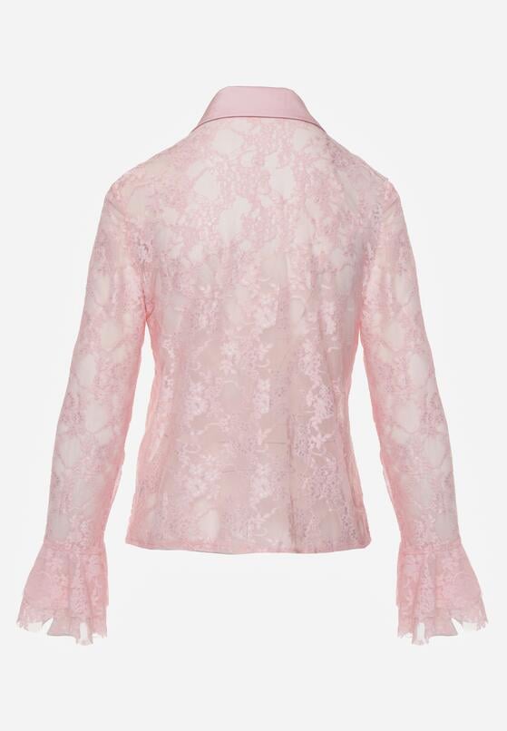 Różowa Koszula Koronkowa z Wiskozy z Bawełną Ozdobiona Falbanami Hermerine 7