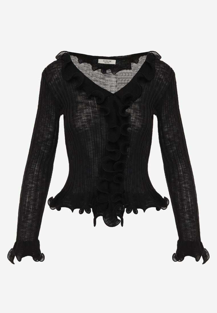 Czarna Prążkowana Bluzka z Wiskozą Ozdobiona Falbanami Pronasia 6