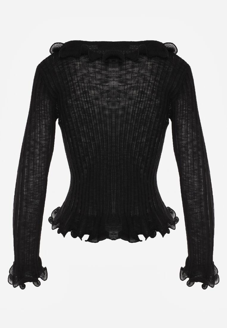 Czarna Prążkowana Bluzka z Wiskozą Ozdobiona Falbanami Pronasia 7