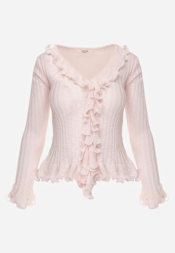 Różowa Prążkowana Bluzka z Wiskozą Ozdobiona Falbanami Pronasia 6