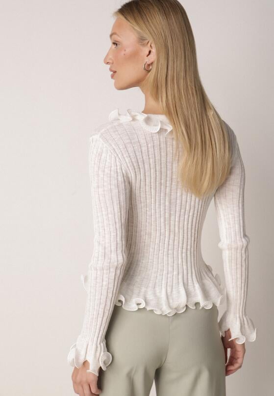 Biała Prążkowana Bluzka z Wiskozą Ozdobiona Falbanami Pronasia 3