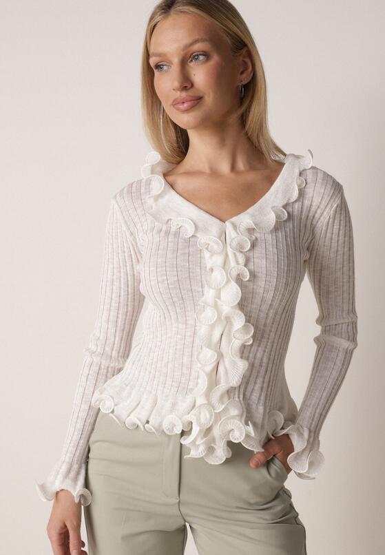 Biała Prążkowana Bluzka z Wiskozą Ozdobiona Falbanami Pronasia 4