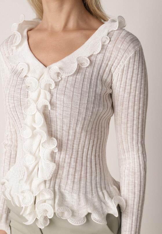 Biała Prążkowana Bluzka z Wiskozą Ozdobiona Falbanami Pronasia 5