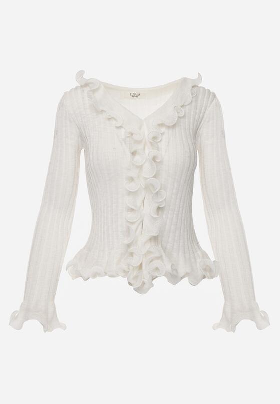 Biała Prążkowana Bluzka z Wiskozą Ozdobiona Falbanami Pronasia 6