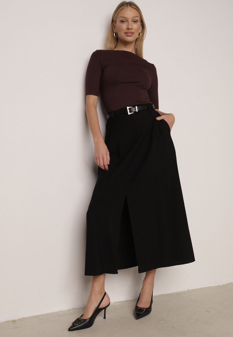 Czarna Wiskozowa Spódnica o Rozkloszowanym Kroju z Rozcięciem i Paskiem Jaelia 1