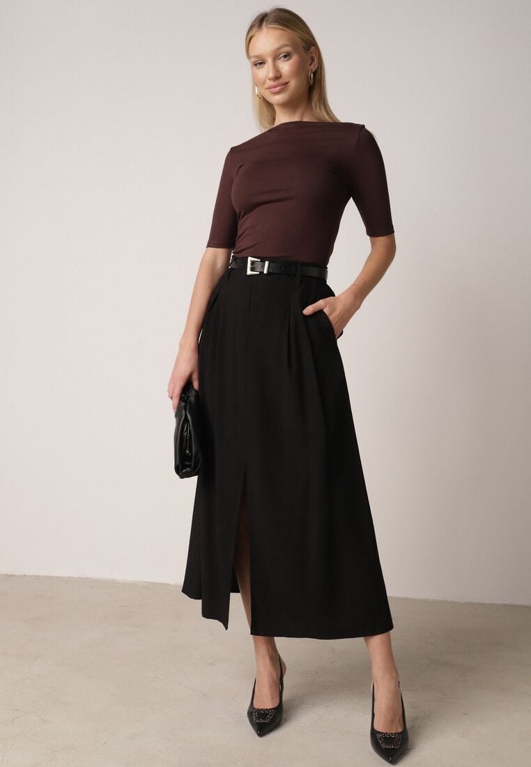 Czarna Wiskozowa Spódnica o Rozkloszowanym Kroju z Rozcięciem i Paskiem Jaelia 2