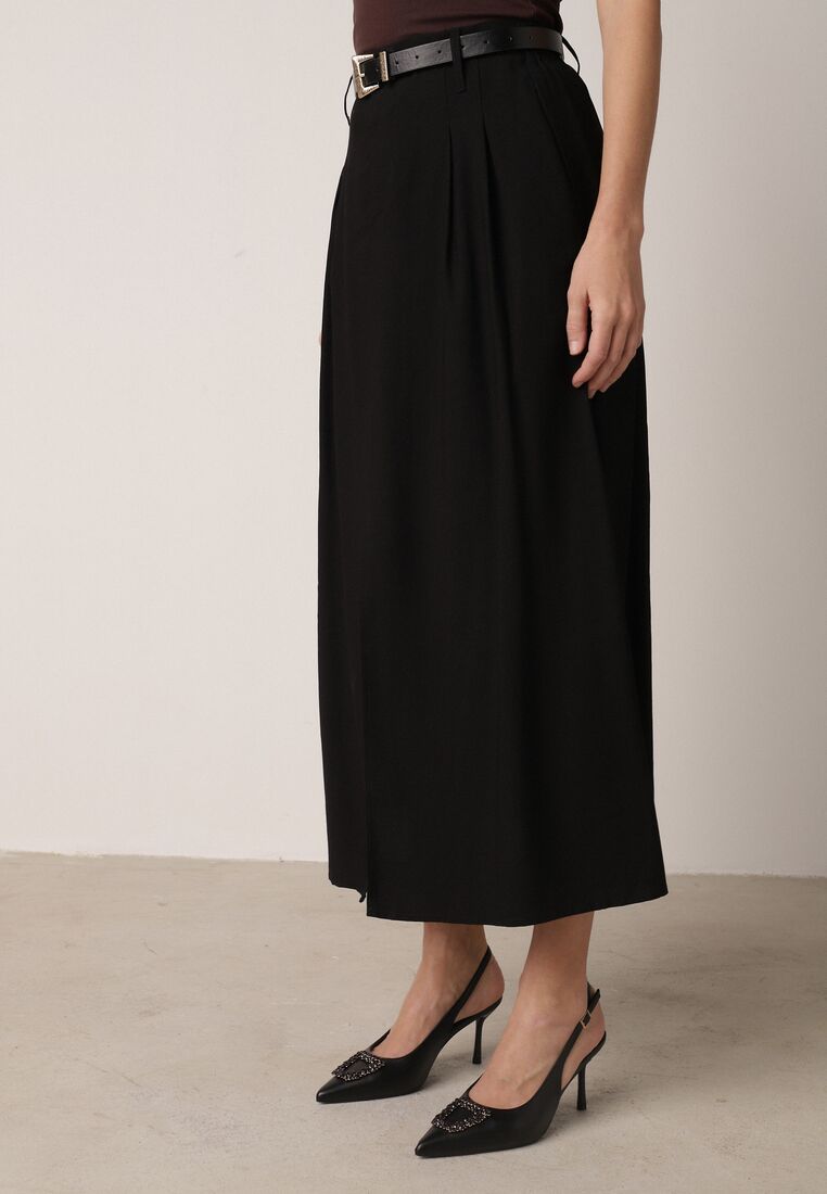 Czarna Wiskozowa Spódnica o Rozkloszowanym Kroju z Rozcięciem i Paskiem Jaelia 4