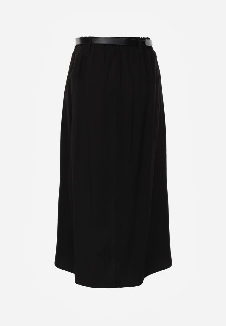 Czarna Wiskozowa Spódnica o Rozkloszowanym Kroju z Rozcięciem i Paskiem Jaelia 7