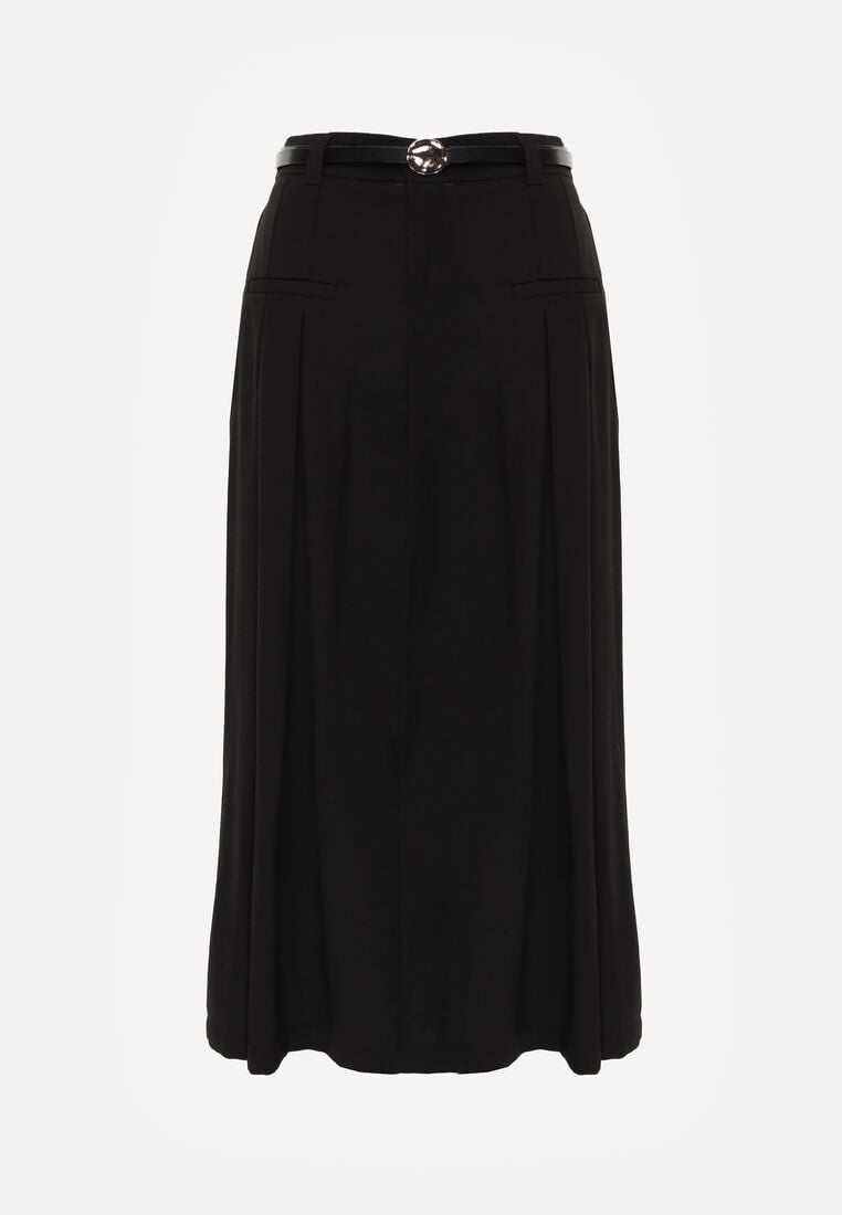 Czarna Wiskozowa Spódnica o Rozkloszowanym Kroju z Plisami i Paskiem Rolea 6