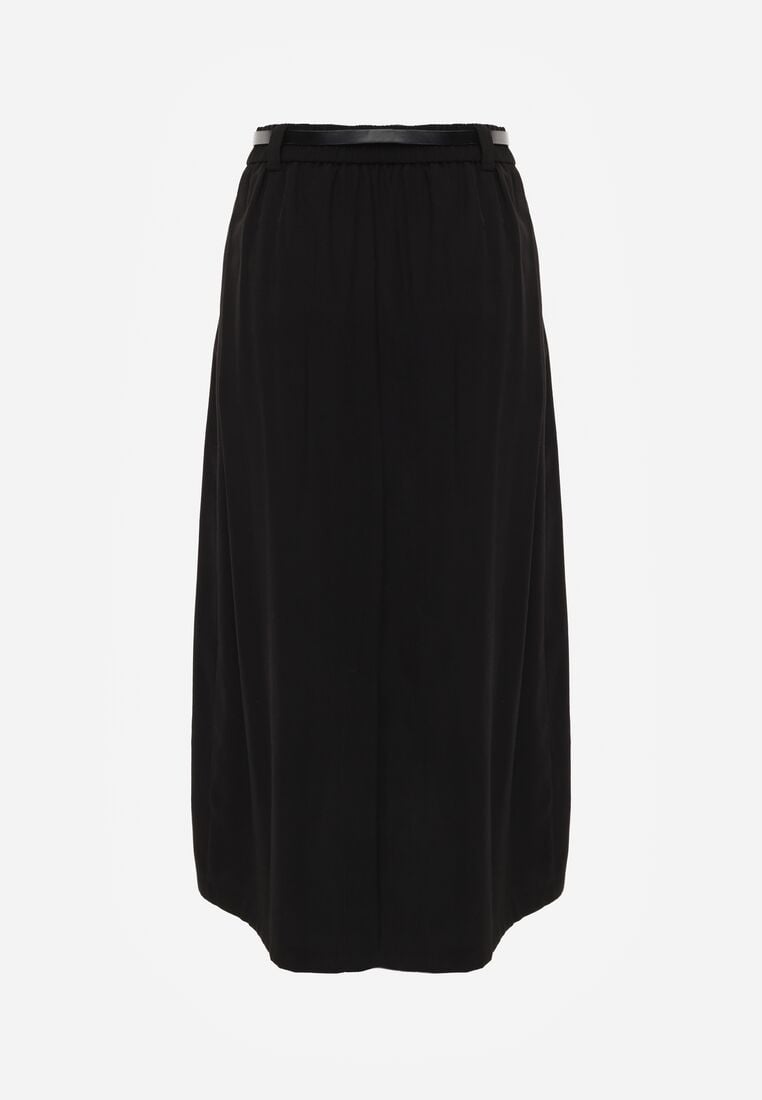 Czarna Wiskozowa Spódnica o Rozkloszowanym Kroju z Plisami i Paskiem Rolea 7