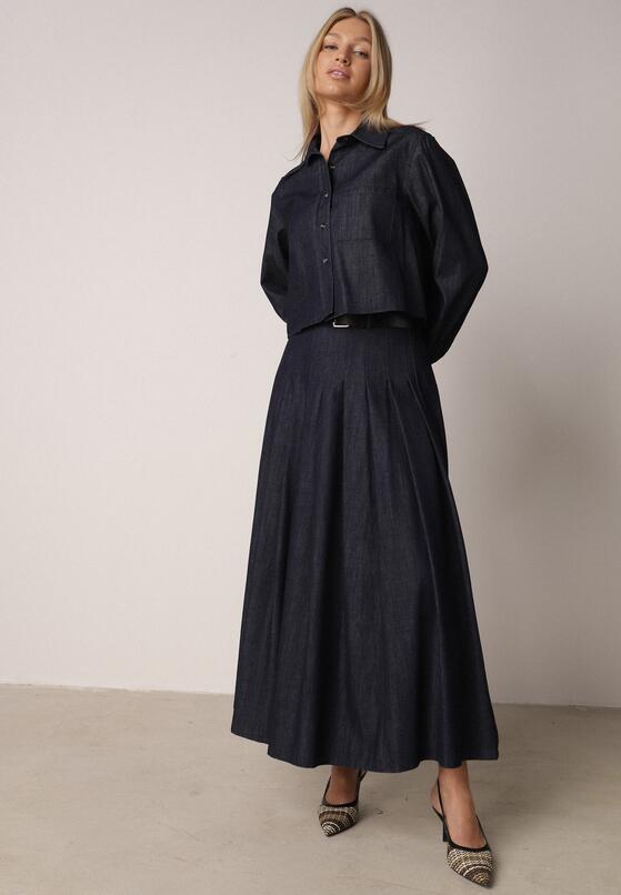 Granatowy Bawełniano-Wiskozowy Komplet z Imitacji Jeansu Spódnica i Koszula  Peshophi 1