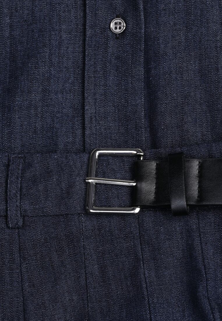 Granatowy Bawełniano-Wiskozowy Komplet z Imitacji Jeansu Spódnica z Paskiem i Koszula Peshophi 8