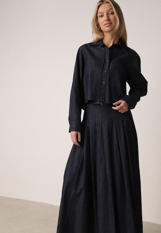 Granatowy Bawełniano-Wiskozowy Komplet z Imitacji Jeansu Spódnica i Koszula  Peshophi 2