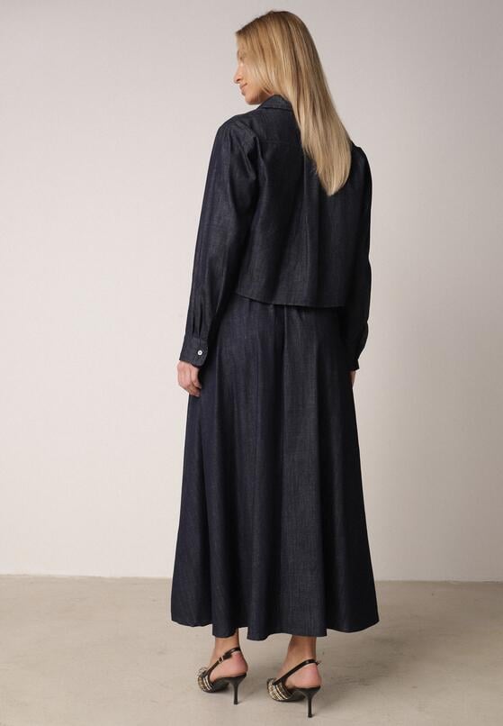 Granatowy Bawełniano-Wiskozowy Komplet z Imitacji Jeansu Spódnica i Koszula  Peshophi 3