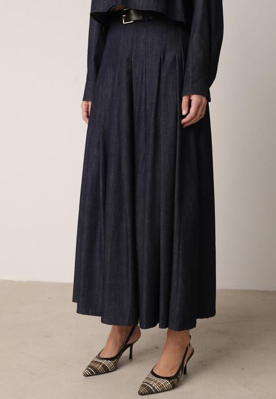 Granatowy Bawełniano-Wiskozowy Komplet z Imitacji Jeansu Spódnica i Koszula  Peshophi 4