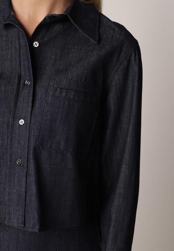 Granatowy Bawełniano-Wiskozowy Komplet z Imitacji Jeansu Spódnica i Koszula  Peshophi 5