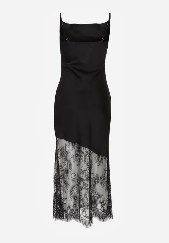 Czarna Koktajlowa Sukienka z Satyny Ozdobiona Koronką Palinca 7