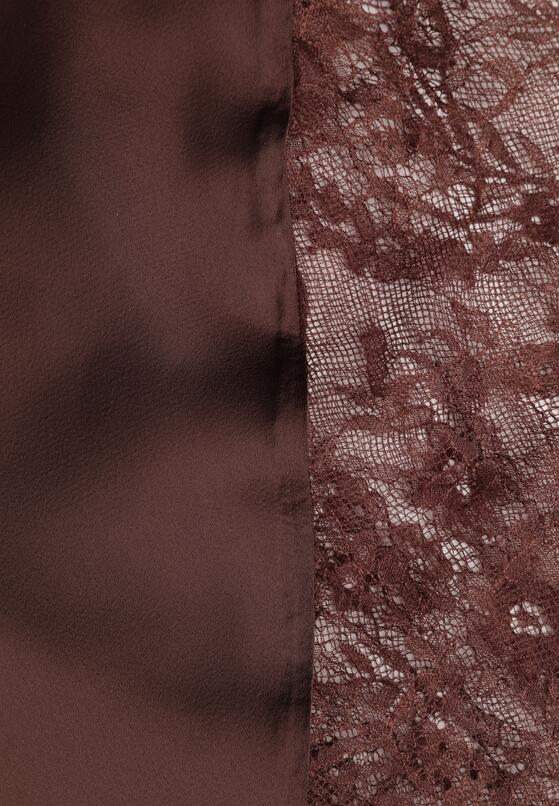 Brązowa Koktajlowa Sukienka z Satyny Ozdobiona Koronką Palinca 8