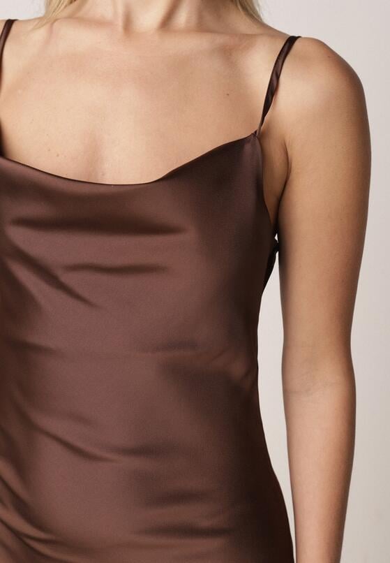 Brązowa Koktajlowa Sukienka z Satyny Ozdobiona Koronką Palinca 5