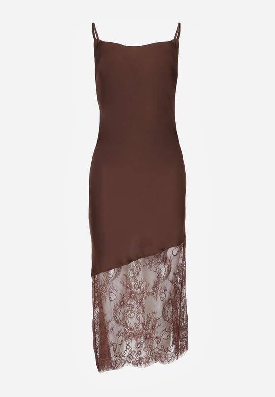 Brązowa Koktajlowa Sukienka z Satyny Ozdobiona Koronką Palinca 6