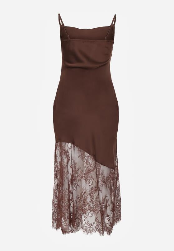 Brązowa Koktajlowa Sukienka z Satyny Ozdobiona Koronką Palinca 7