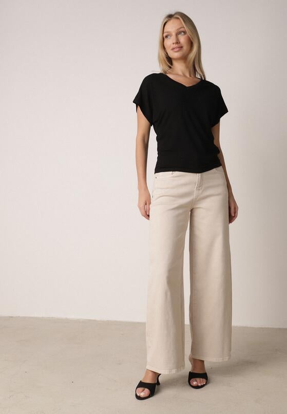 Czarny T-shirt z Wiskozy z Trójkątnym Dekoltem Achiore 2