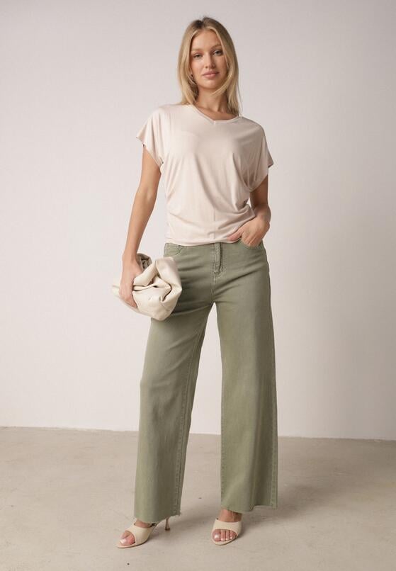 Beżowy T-shirt z Wiskozy z Trójkątnym Dekoltem Achiore 2