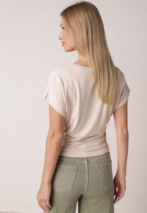Beżowy T-shirt z Wiskozy z Trójkątnym Dekoltem Achiore 3